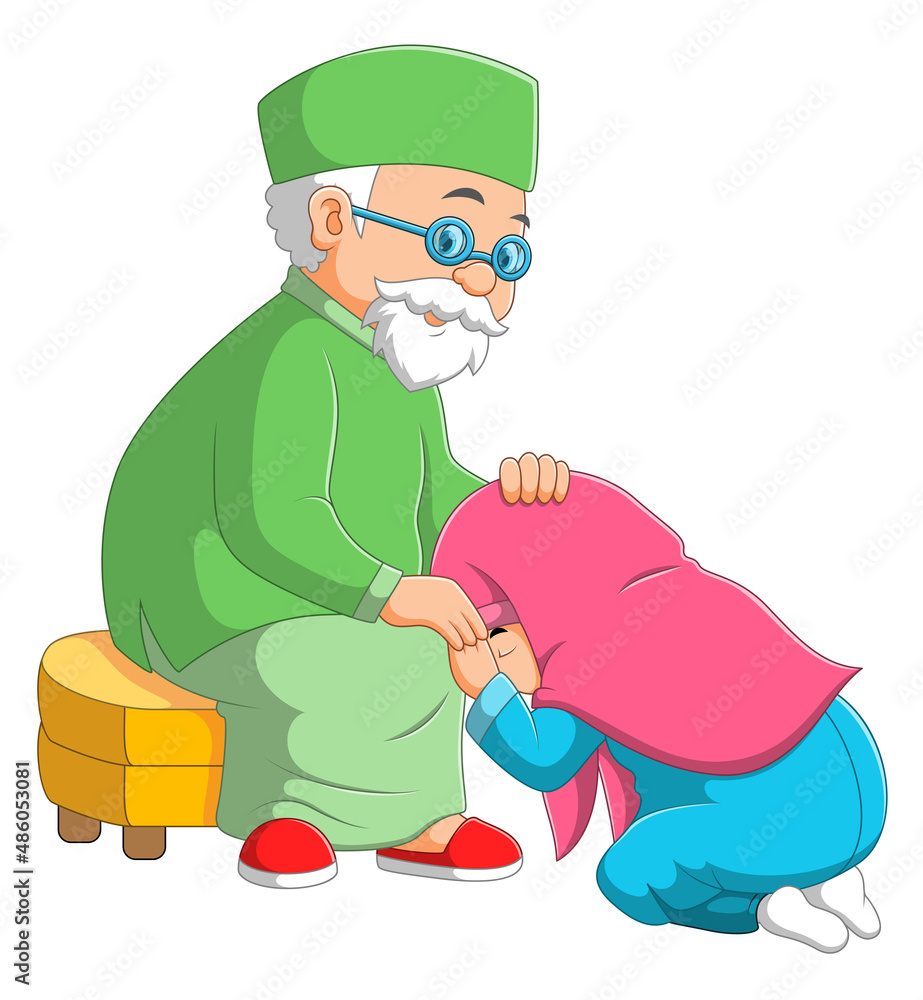 The girl is having the apologize to the grandfather The girl is having the apologize to the grandfather