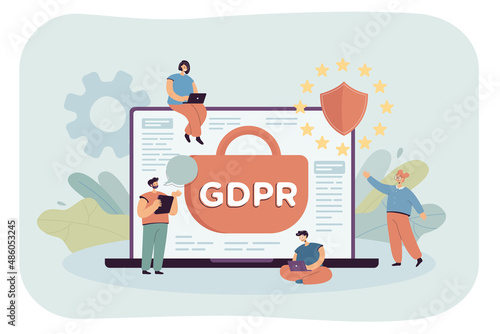 Team of tiny business persons with GDPR symbol on laptop screen. People protecting personal information flat vector illustration. General data protection regulation, privacy concept for banner