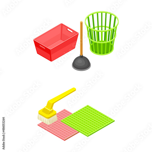 Household Cleaning Equipment with Wastepaper Basket, Sink Plunger and Brush Isometric Vector Composition Set