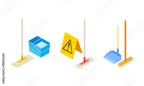Household Cleaning Equipment with Mop, Broom and Dustpan Isometric Vector Composition Set