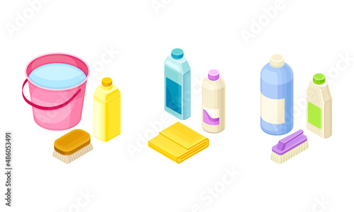Household Cleaning Equipment with Detergent in Bottle, Brush and Bucket with Water Isometric Vector Composition Set