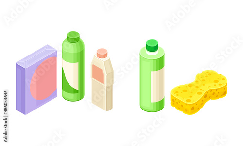 Household Cleaning Equipment with Detergent in Bottle and Sponge Isometric Vector Composition Set