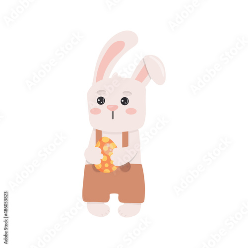 Easter rabbit in pants holding easter egg. Vector illustration.