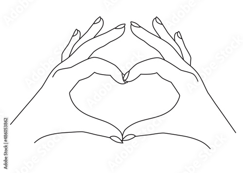Woman hands showing heart shape gesture, line art vector illustration, sketch. Symbol of love. Dating, wedding and Valentine day theme. Print for cards, clothes, seasonal design and decor