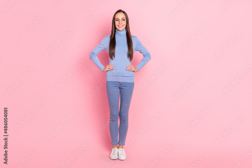 Photo of cheerful pretty lovely lady hands hips wear eyewear blue turtleneck jeans footwear isolated pink color background Photo of cheerful pretty lovely lady hands hips wear eyewear blue turtleneck jeans footwear isolated pink color background