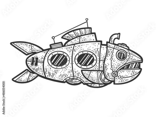 fantastic submarine in the form of mechanical big fish sketch engraving vector illustration. T-shirt apparel print design. Scratch board imitation. Black and white hand drawn image.
