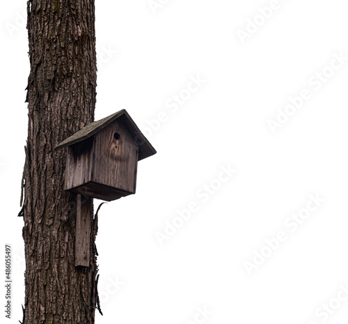 Wooden bird house (starling house) on a tree trunk isolated on white background
