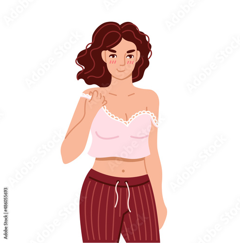 Woman, wearing home pajamas, demonstrating sexual attraction, passion and desire. Flirty blushing young woman. PMS symptom. Hand drawn character. Flat vector illustration.