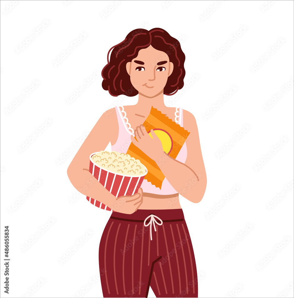Black woman holding potato chips and big bucket of popcorn. Food craving, increased appetite. Flat cartoon character. Hand drawn vector illustration. Black woman holding potato chips and big bucket of popcorn. Food craving, increased appetite. Flat cartoon character. Hand drawn vector illustration.