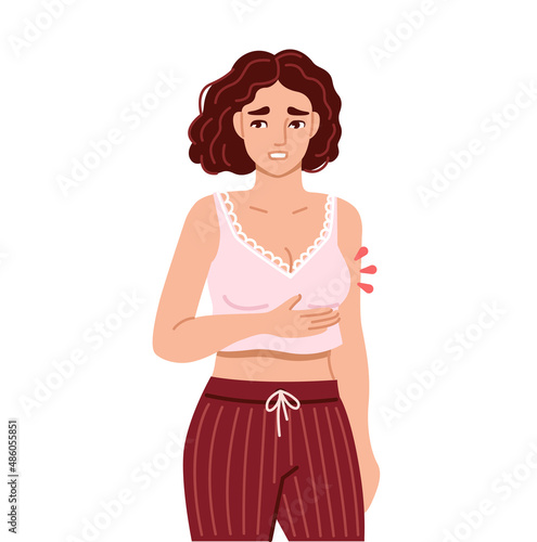 Breast tenderness. Woman suffering from symptom of premenstrual syndrome. Sensitive swollen breast. Hand drawn cartoon character. Vector flat  isolated illustration.