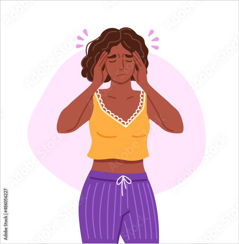 Black woman suffering from tension headache, pain, stress, hangover, discomfort touching her temples. Stressed tired overworked woman. Flat vector character. Vector hand-drawn illustration. photo
