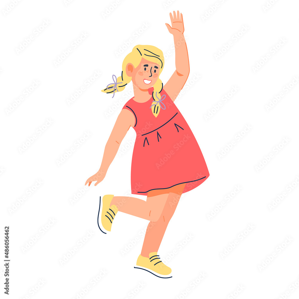 Happy smiling child girl waving hand, flat cartoon vector illustration isolated on white background. Child gesturing in sign of greeting and welcoming. Happy smiling child girl waving hand, flat cartoon vector illustration isolated on white background. Child gesturing in sign of greeting and welcoming.
