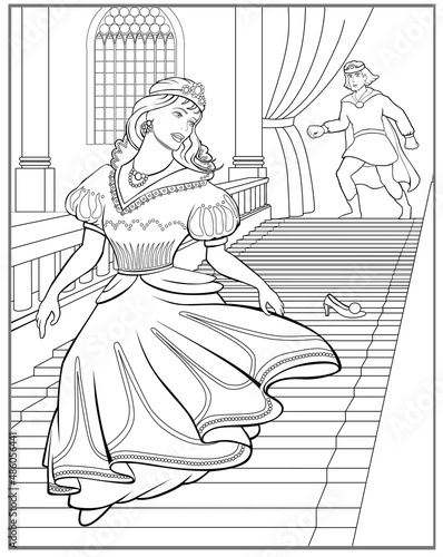 Fairy Tale Cinderella looking for your lost shoe and prince falling in love - Colouring page for adult and children