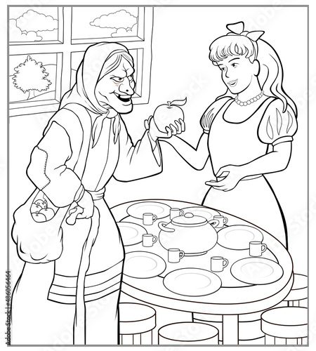 Fairy tale Snow white and 7 gnomes -  old witch offering poisoned apple to princess - colouring page for adult and children
