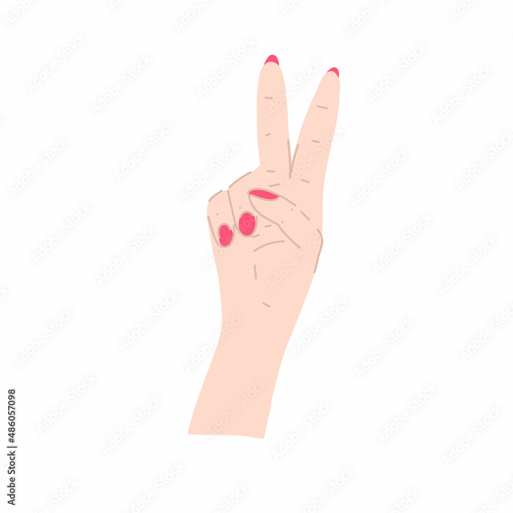 The hand shows two fingers. A sign of peace and kindness. The hand shows two fingers. A sign of peace and kindness.