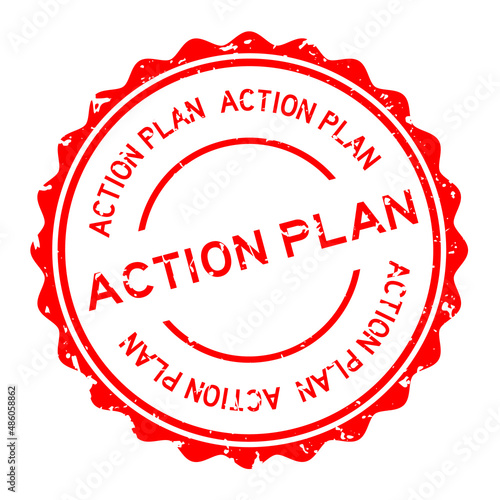 Grunge red action plan word round rubber seal stamp on white background
