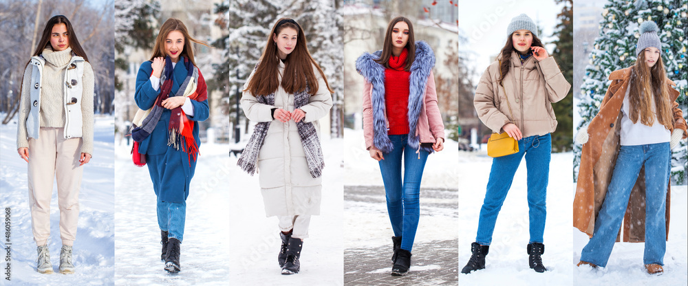 Obraz premium Collage Winter Fashion. Full body portrait of a young beautiful models