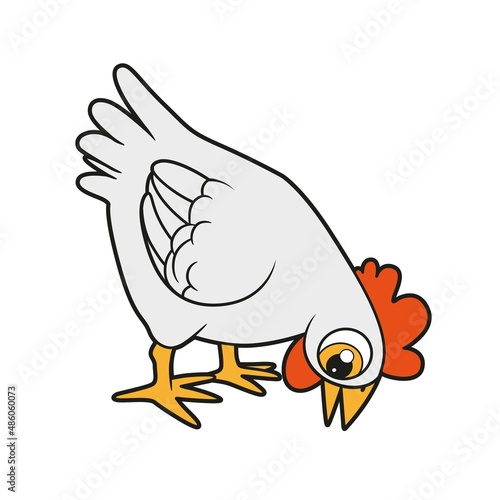 Cute cartoon hen pecks grains color variation for coloring page on white background