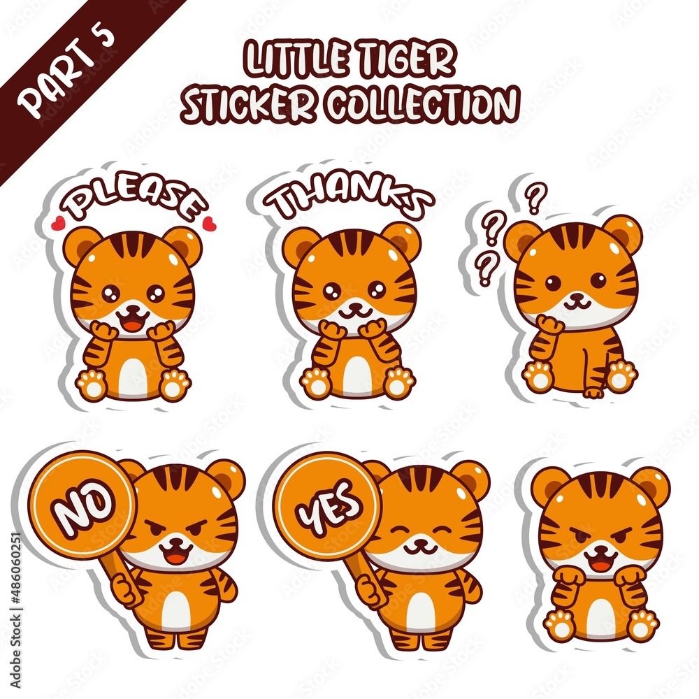 Set of cute little tiger sticker collection please thanks confuse no yes roar emoticon Set of cute little tiger sticker collection please thanks confuse no yes roar emoticon