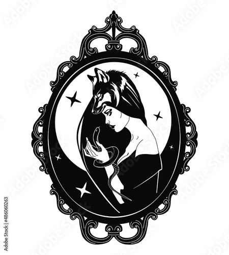 Witch in the mirror. Gothic demonic female sacred  design