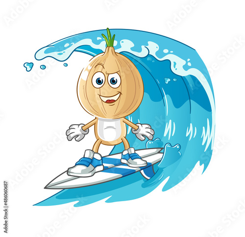 garlic head cartoon surfing character. cartoon mascot vector