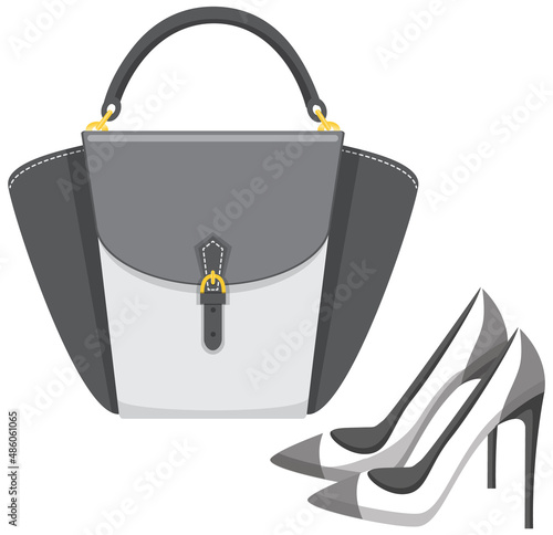 Fashion shoes and bag isolated on white. Stylish elements of womens wardrobe in casual style high heel shoes and handbag, footwear and pouch, female accessories fashionable trendy collection