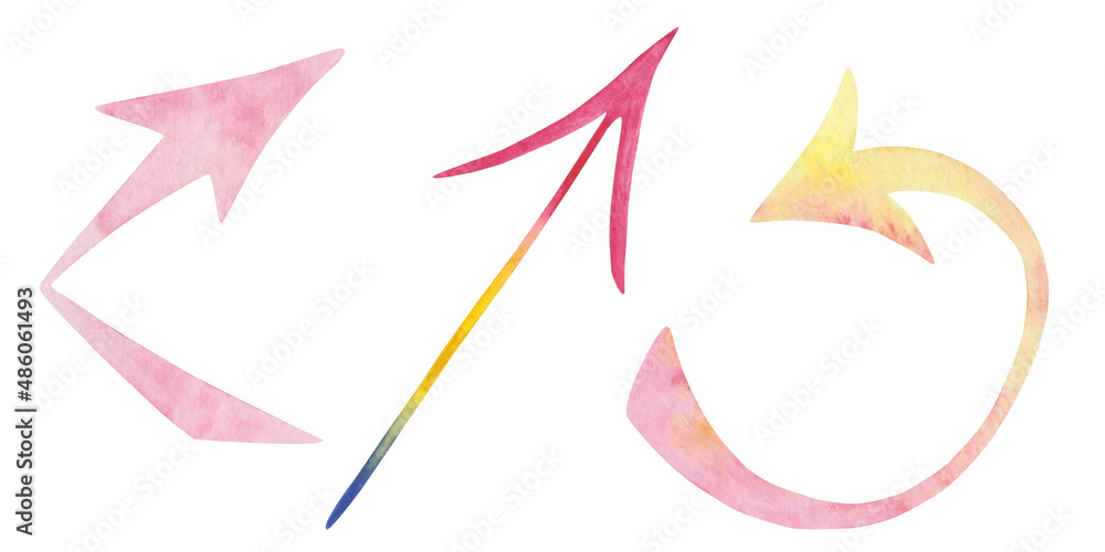 Watercolor illustration of hand painted yellow, pink, blue arrows showing different way, direction on the road isolated on white. Sign clip art elements for design postcards, stickers, posters, banner Watercolor illustration of hand painted yellow, pink, blue arrows showing different way, direction on the road isolated on white. Sign clip art elements for design postcards, stickers, posters, banner