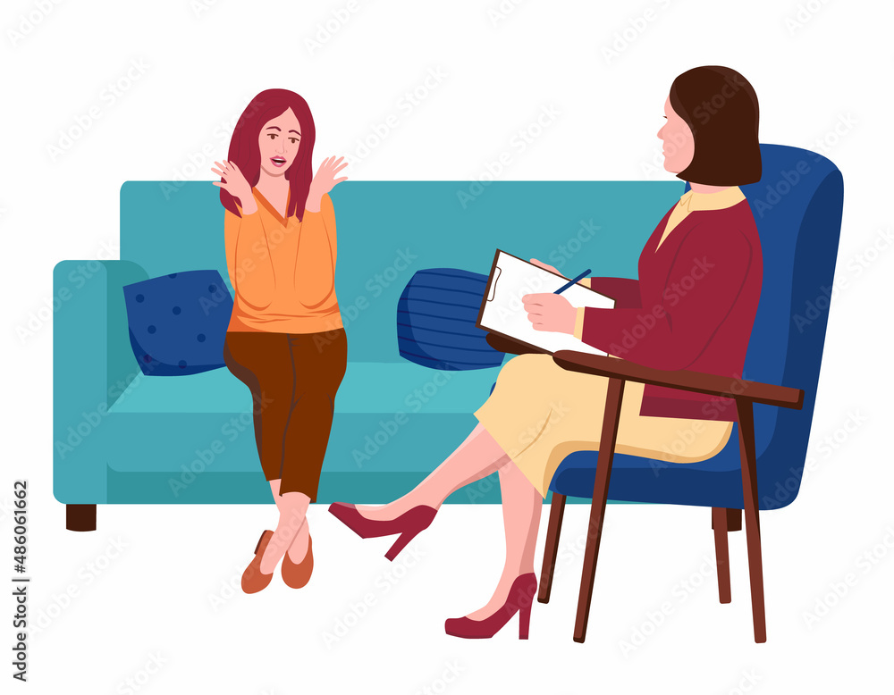 Woman at a psychotherapist's appointment. Girl sits on the couch and talks about her problems. The psychologist makes notes on paper. Illustration in flat style on a white background Woman at a psychotherapist's appointment. Girl sits on the couch and talks about her problems. The psychologist makes notes on paper. Illustration in flat style on a white background