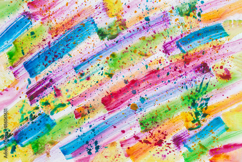 Rainbow watercolor brush strokes, lines on paper background, bright texture