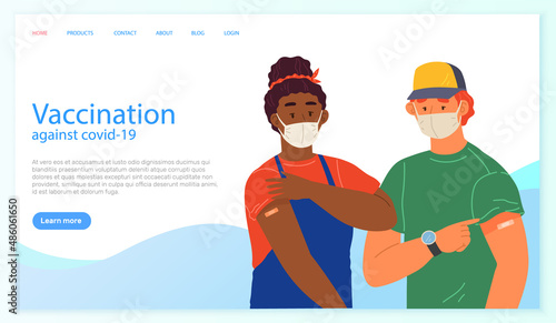 Stop coronavirus agitation concept. Vaccination promo, immunization of workers. Vaccine saves lives. People wearing protective mask showing their arm with bandage after receiving covid-19 vaccine