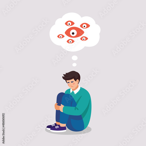 Sad tired man suffers of depressive disorder, paranoia, stress, tears. Vector illustration of mental problems