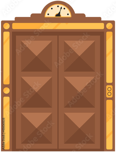 Modern elevator made in old vintage style. Door to cabin of mechanical lift with lifting mechanism. Retro elevator with doors and floor counter. Expensive passenger lift isolated on white background
