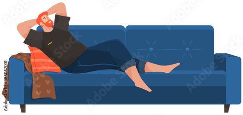 Man lying on sofa in apartment. Happy young guy relaxing, dreaming. Rest on couch and think about something. Home leisure. Male character lies on divan and smiles, enjoying time at home after work