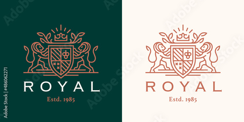 Royal heraldry lion crest logo. Gold heraldic shield line icon. Luxury vintage coat of arms symbol. Vector illustration.