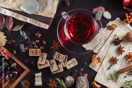Photography There are many magical attributes scattered on the dark table