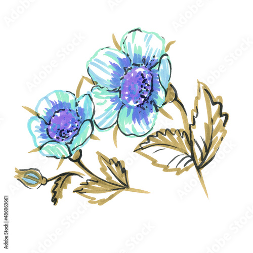 Flower with leave. Provence felt pen illustration. Blue Flowers © Andrei