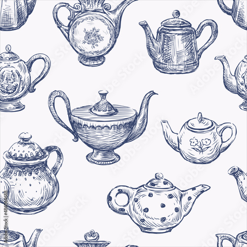Seamless pattern of sketches  collection various vintage teapots