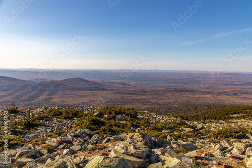 Beautiful view from Kruglitsa mountain. Taganay national Park, Zlatoust city, Chelyabinsk region, South Ural, Russia