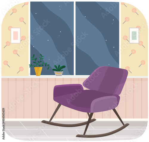 Interior of room with purple rocking chair, striped carpet and large window. Living room interior with furniture for elderly, rocking chair. Arrangement of furniture and decorations in apartment