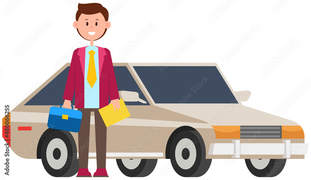 Businessman standing near gray car on white background in flat style. Automobile and man. Business concept with happy smiling vehicle owner. Success person driver and transportation, modern sedan Businessman standing near gray car on white background in flat style. Automobile and man. Business concept with happy smiling vehicle owner. Success person driver and transportation, modern sedan