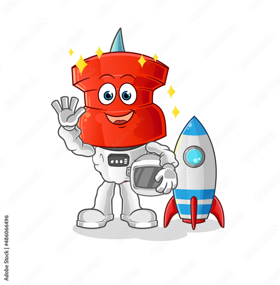 Fototapeta premium push pin head cartoon astronaut waving character. cartoon vector