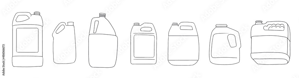 A set of plastic cans. Plastic containers, Bottle, bottle, pill jar. Waste management. Sorting garbage. Hand drawn illustration A set of plastic cans. Plastic containers, Bottle, bottle, pill jar. Waste management. Sorting garbage. Hand drawn illustration