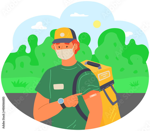 Stop coronavirus agitation concept. Vaccination promo, immunization of workers. Vaccine saves lives. People wearing protective mask showing their arm with bandage after receiving covid-19 vaccine