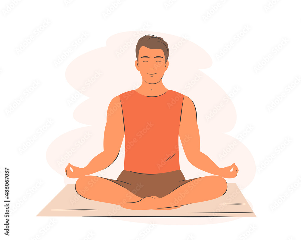 Man in yoga posture doing meditation.Young man practicing yoga, sitting with his legs crossed on floor. Vector illustration. Man in yoga posture doing meditation.Young man practicing yoga, sitting with his legs crossed on floor. Vector illustration.