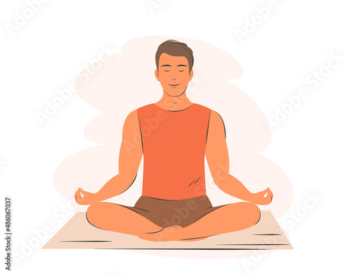Man in yoga posture doing meditation.Young man practicing yoga, sitting with his legs crossed on floor. Vector illustration. © Tatiana Bass