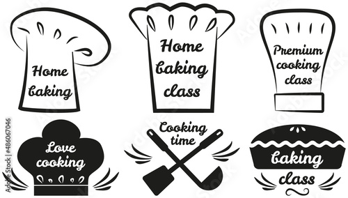 Set of culinary logo design concept. Hand writings about kitchen, food preparation and cooking. Hand drawn letterings in simple style, ink or pen outlines of food icons. Baking, home cooking concept