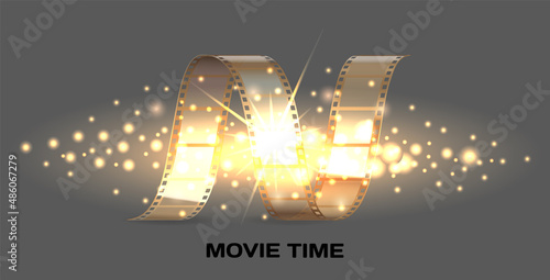 Movie time banner with cinema movie and photography 35 mm shining film strip template in vintage style. Cinema strip isolated icon with recorded film on tape, cinematography retro photo roll