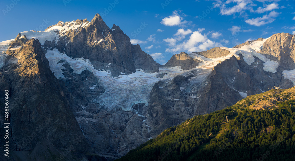 Fototapeta premium Ecrins National Park glaciers with La Meije peak in morning light. Ski resort in Hautes-Alpes (French Alps). Romanche Valley in the Oisans Massif. France