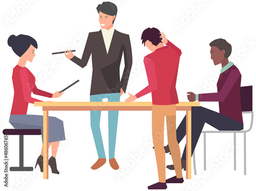 Businesspeople have project strategy planning meeting. Teamwork with business plan, creating new creative project. Meeting to discuss starting business. Colleagues discussing work in entrepreneurship