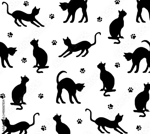 Pattern of black cats silhouettes and their traces  on  white background. Hand drawn.